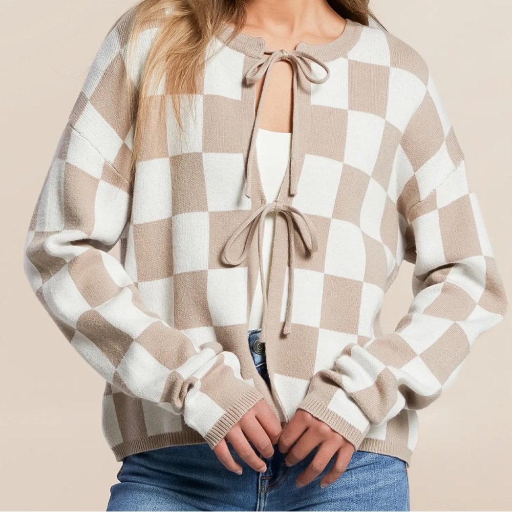 Tan and White Checkered Cardigan with Bow Ties